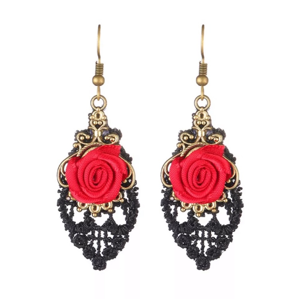 Red Flower Rose Lace Drop Earrings - Picture 3 of 3